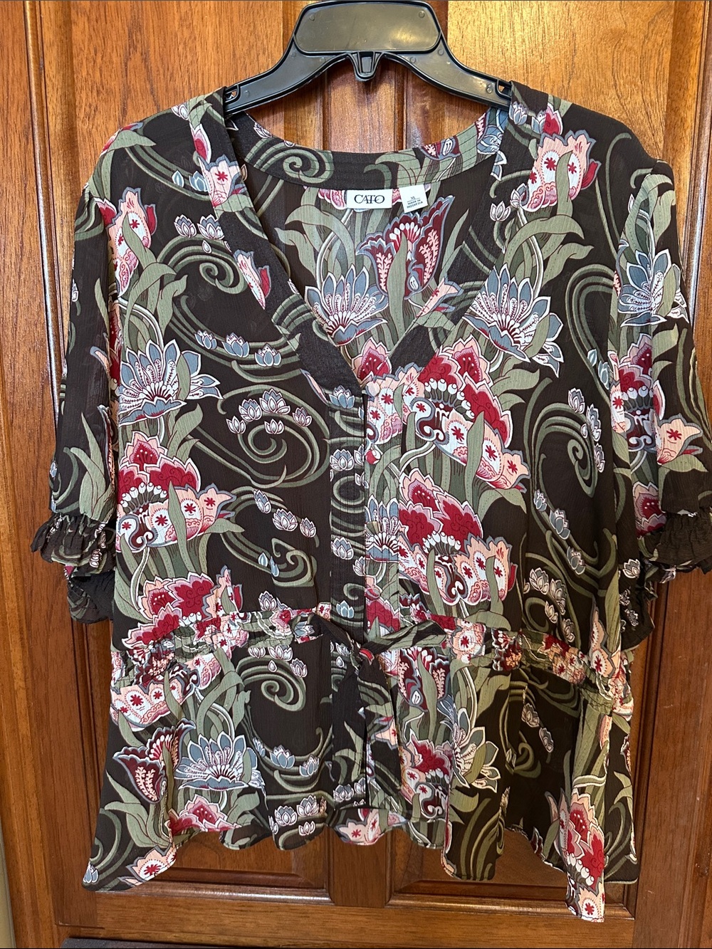 Cato Black Floral Button-Front Peplum Blouse with Red & Sage Accents